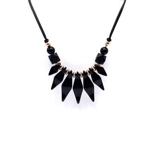 1946 Black Fan Bib Necklace Gold Tone Statement Jewelry
